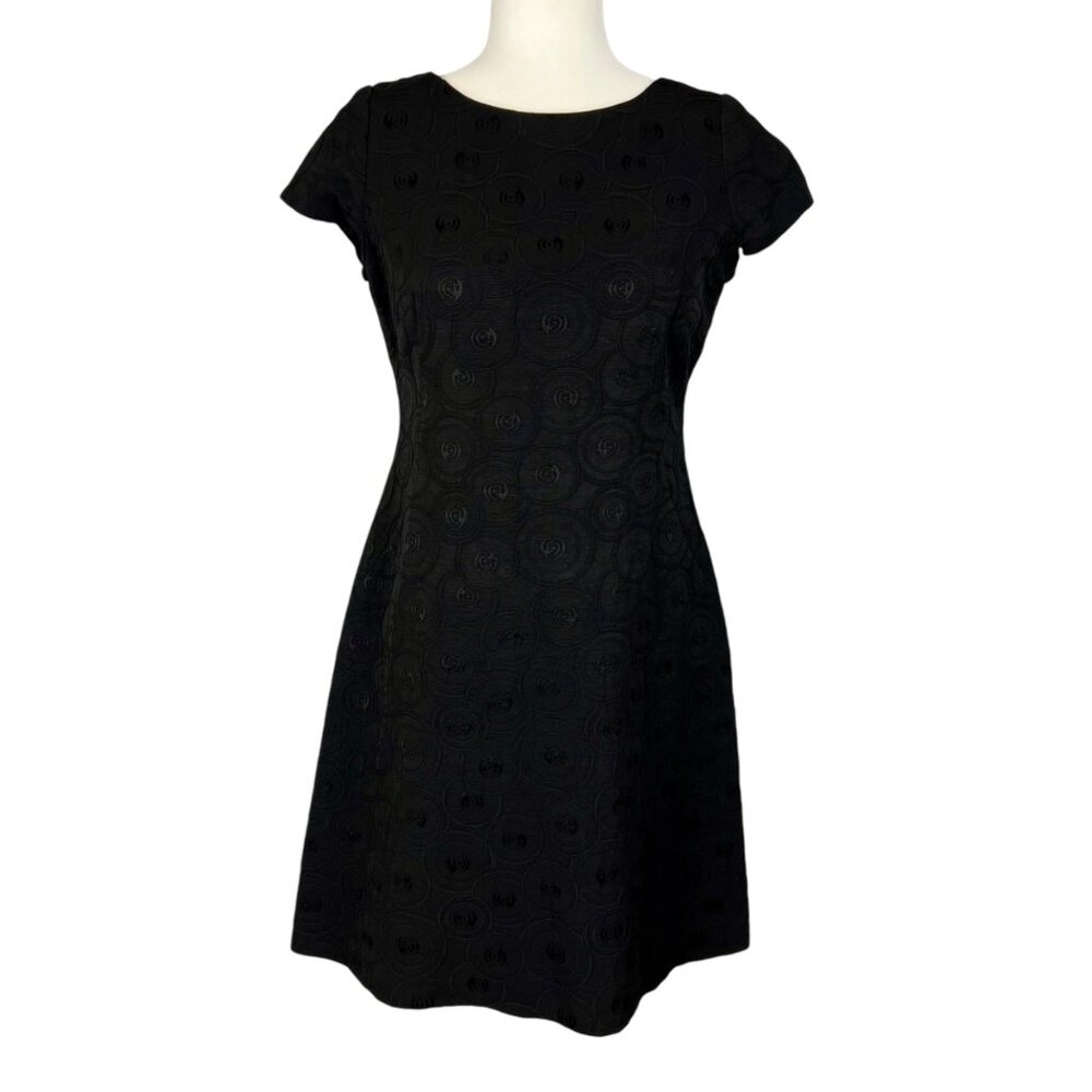 Worth Womens Petite Black Short Sleeve Fit Flare Dress Textured Circles size 4P